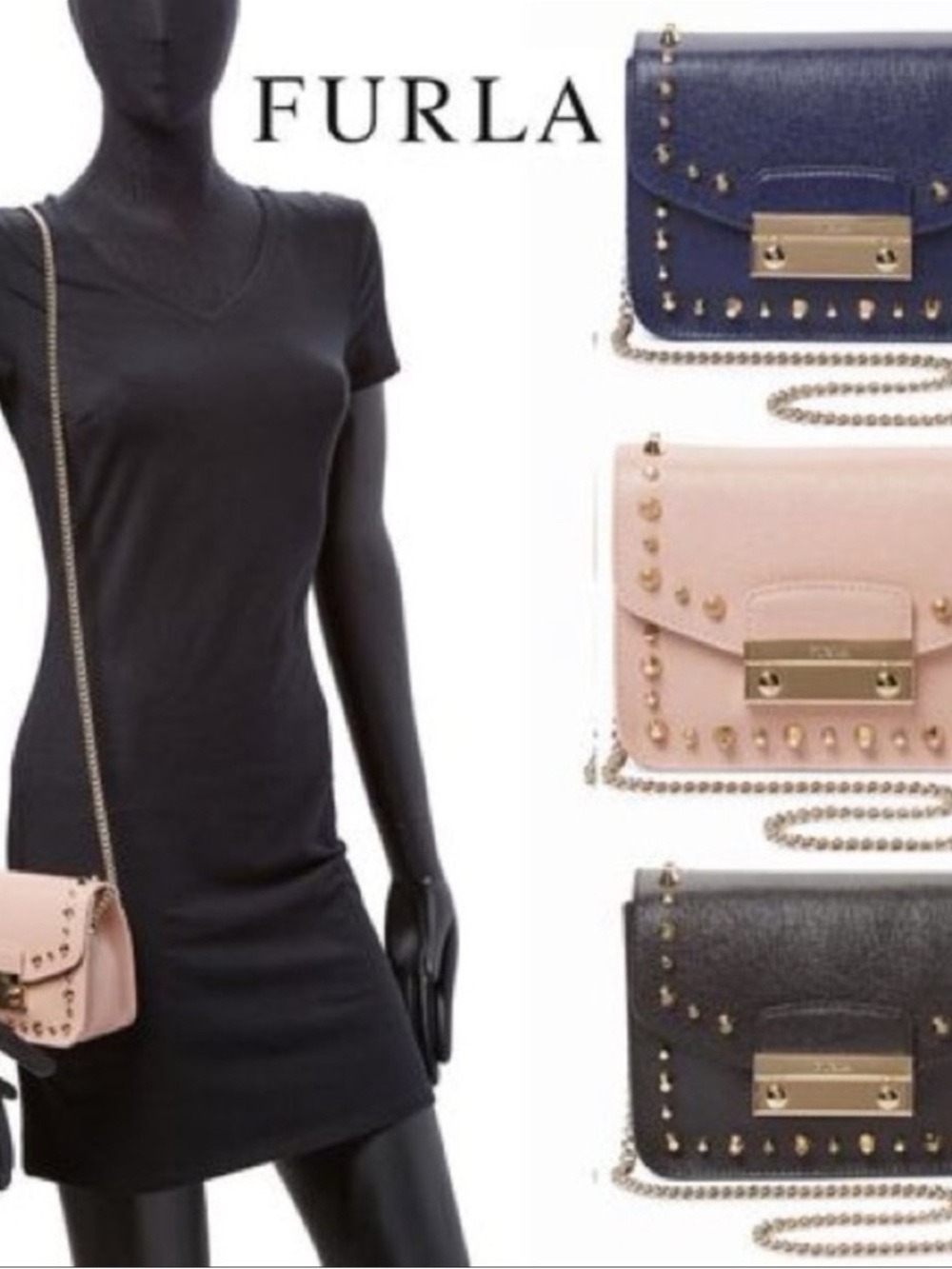 Furla EUC Julia Studded Metropolis Crossbody with Gold Studs & Chain - Picture 3 of 16